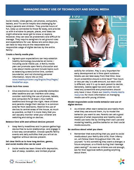 Title: Managing Family Use of Technology & Social Media.  Picture of tween look at phone.  Pdf text below.