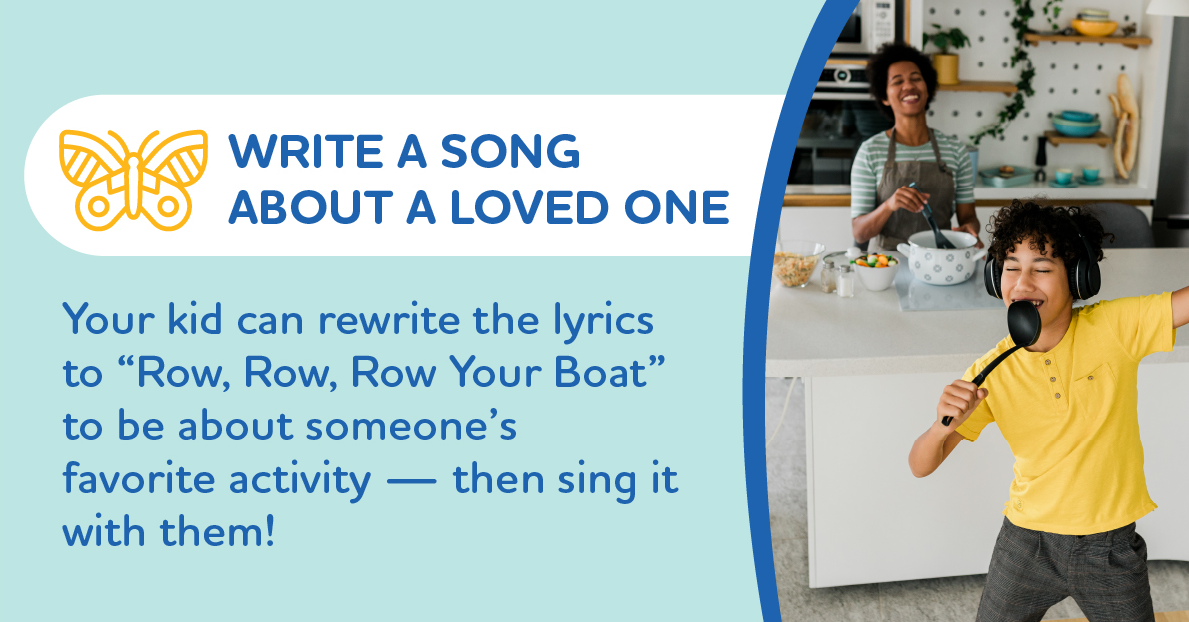 Title: Write a Song about a Loved One.  Picture of boy singing into ladle, father watching from kitchen.